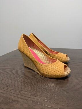 Lilly Pulitzer Women 6.5M Tan Leather Peep Toe Espadrille Wedge Heels